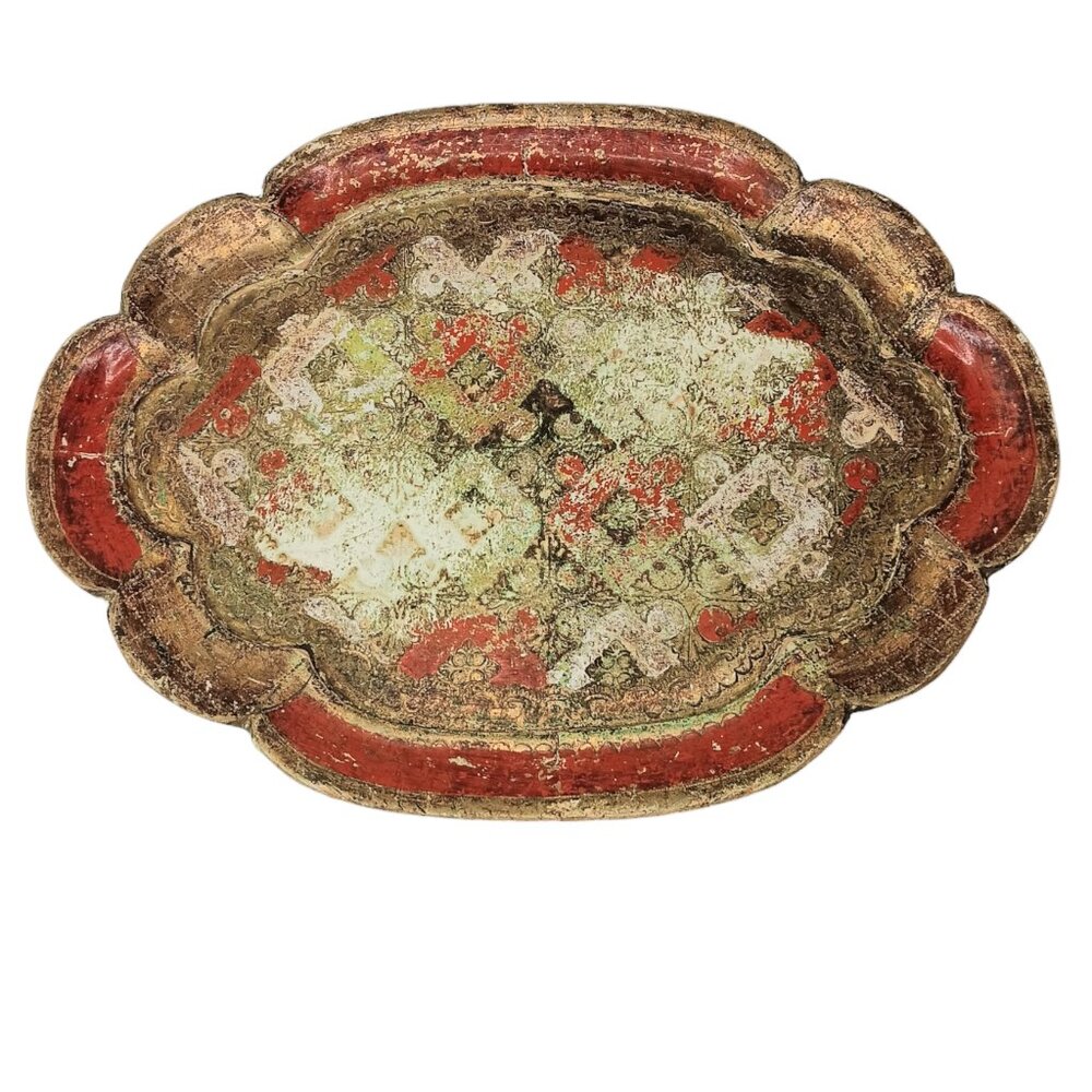 Vintage Florentine Tray Gold Red Green White Wood Painted Tray 13” x 9.5” x 1”